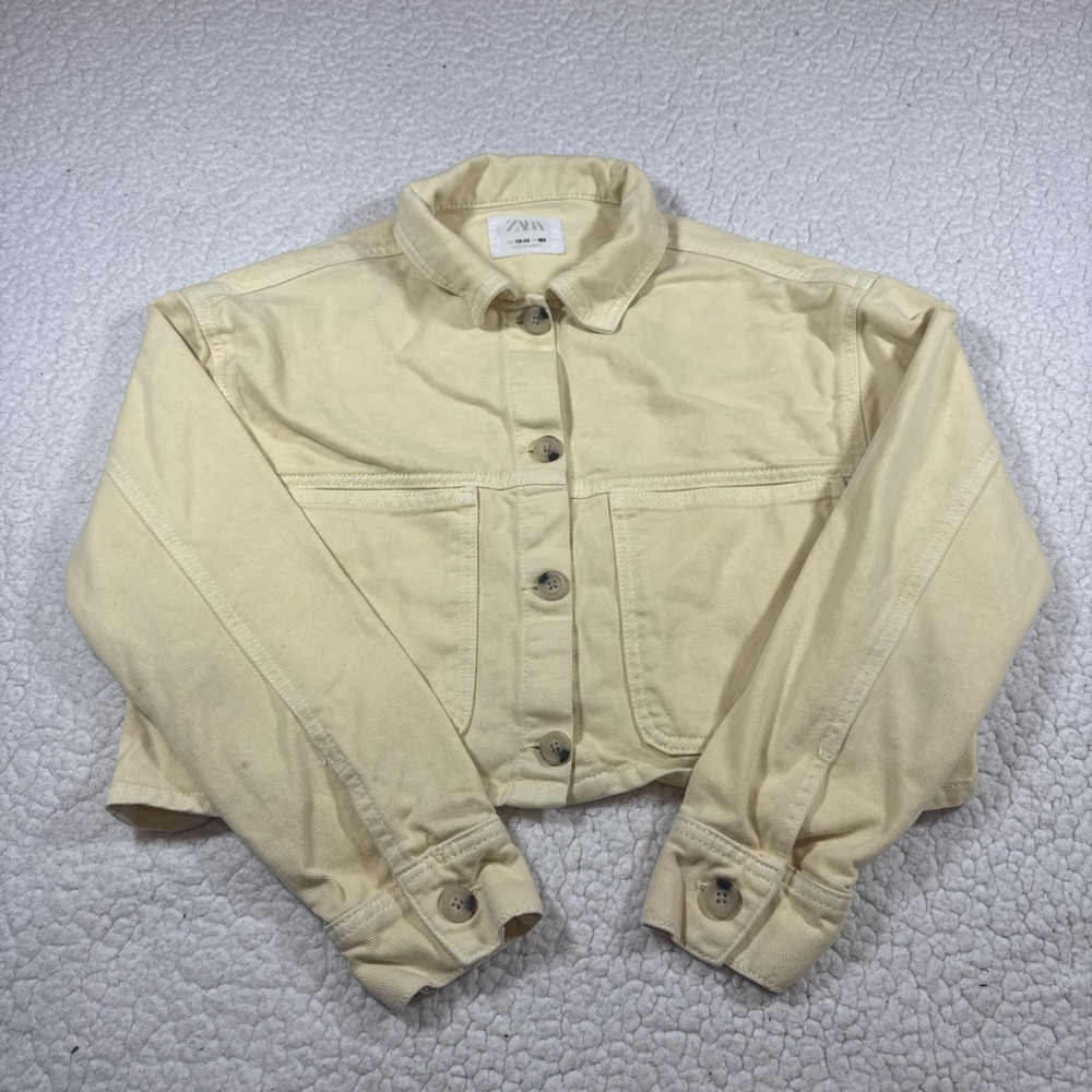 Zara Girls Denim Jean Jacket Size 13-14 Youth Yellow Crop Top Long Sleeve